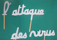 attaque des virus, titre, mots ombre chinoise, theatre d`ombres, marionnettes, silhouette, découpage pochoir, free