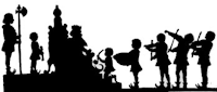 roi, garde, musiciens, ombre chinoise, theatre d`ombres, marionnettes, silhouette, découpage pochoir, free