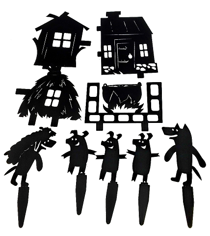 les trois petits cochons, loup, maisons, ombre chinoise, theatre d`ombres, silhouettes, marionnettes, free